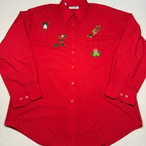 Festive Red Button-Up Shirt with Iron On Appliqués - Size Large